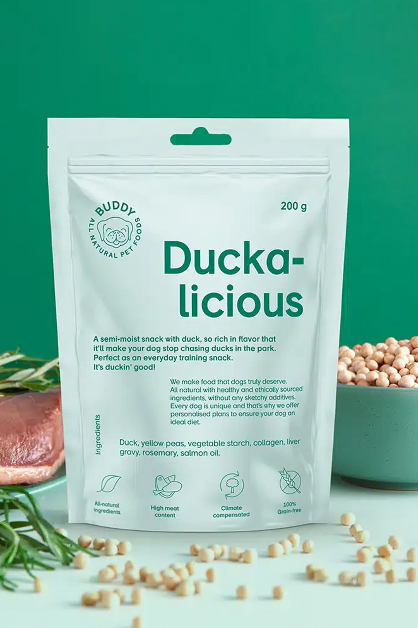 Natuurlijke hondenbeloningen (zachte eend met rozemarijn – 150 gram)